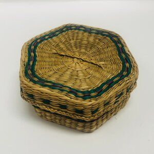 Vintage Handwoven Hexagon Sweetgrass Basket Lidded Pink Blue 5" Lid Boho Hippie
